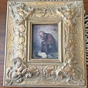 Vintage Hermann Kaulbach Little Girl with a Rabbit Print in Carved‎ Gilded Frame